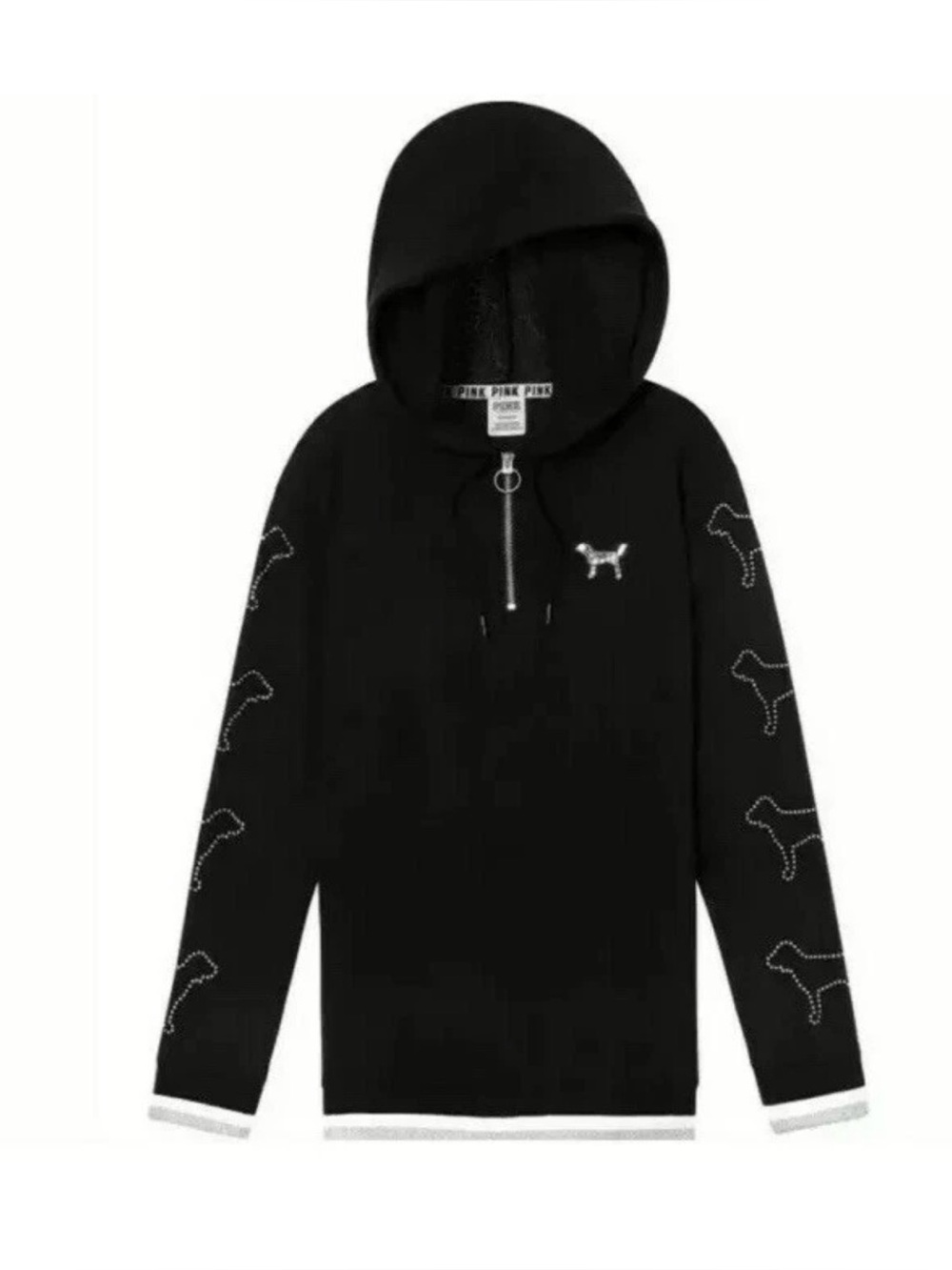Victoria's Secret PINK Bling Dog Half Zip Pullover Hoodie Large Black Sequin